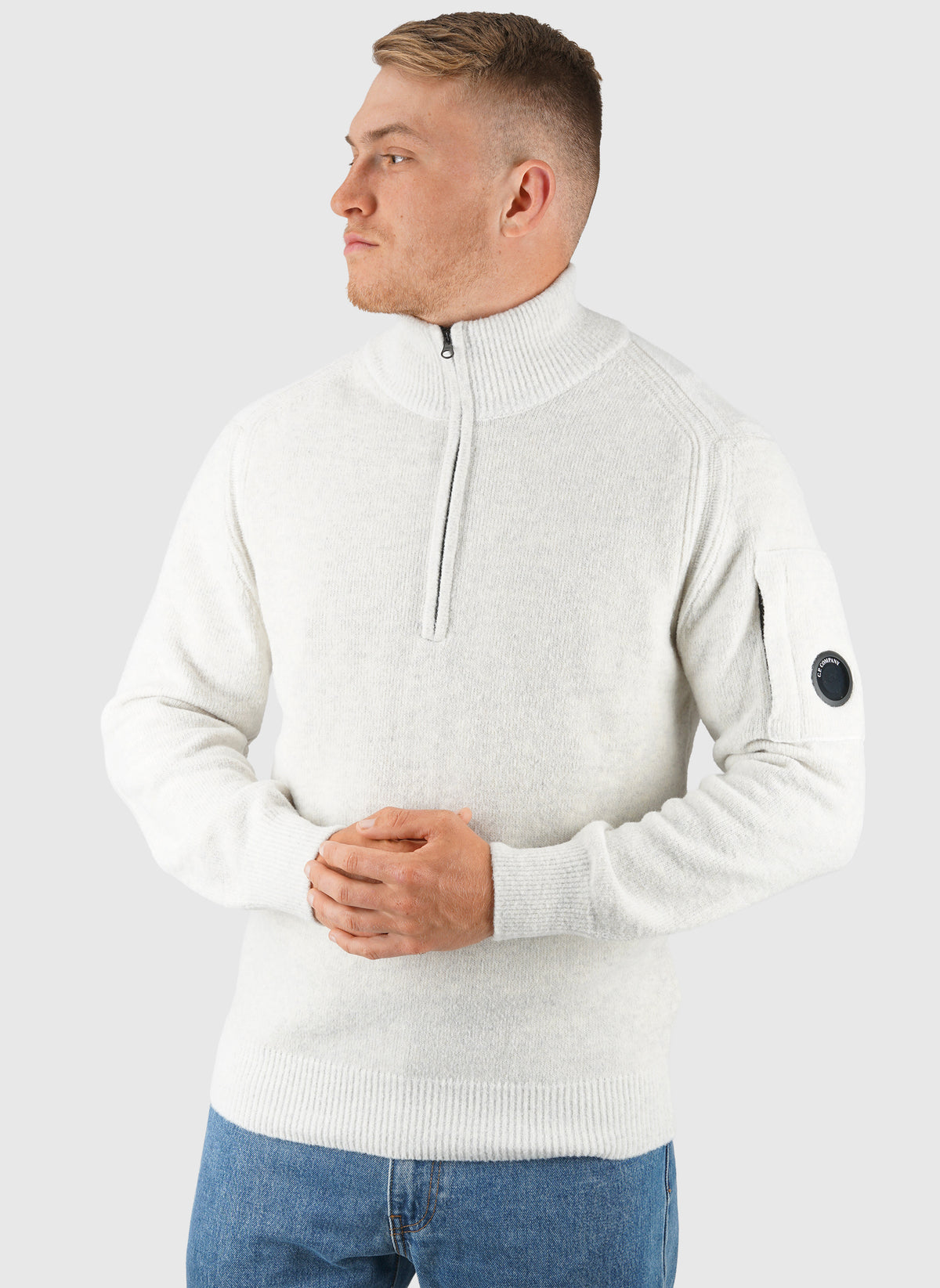 Fleece Knit Half Zip Sweatshirt - White Melange